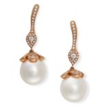 A PAIR OF PEARL AND DIAMOND DROP EARRINGS in 18ct rose gold, each set with a row of round cut