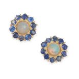 A PAIR OF OPAL AND SAPPHIRE CLUSTER STUD EARRINGS in yellow gold, each set with a cabochon opal in a