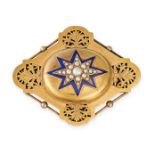 AN ANTIQUE PEARL AND ENAMEL MOURNING BROOCH in high carat yellow gold, in Etruscan revival design,