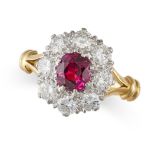 A FINE UNHEATED RUBY AND DIAMOND CLUSTER RING in 18ct yellow gold and platinum, set with a cushion