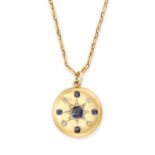 AN ANTIQUE SAPPHIRE AND DIAMOND LOCKET PENDANT AND CHAIN in yellow gold, the circular locket set