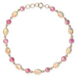 A PINK TOURMALINE AND OPAL BRACELET in 14ct yellow gold, set a row of alternating cabochon pink