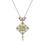 AN ANTIQUE BELLE EPOQUE PERIDOT, DIAMOND AND PEARL PENDANT NECKLACE the pendant set with a cushion