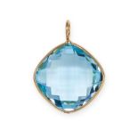 A BLUE TOPAZ PENDANT in 18ct yellow gold, set with a cushion shaped faceted blue topaz, stamped 18K,