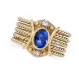 A VINTAGE SAPPHIRE AND DIAMOND RING in 18ct yellow gold, set with a cabochon sapphire of