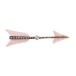 AN ANTIQUE CONCH SHELL, DIAMOND AND PEARL ARROW BROOCH in 18ct yellow gold, comprising a row of