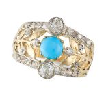 A TURQUOISE AND DIAMOND RING in yellow gold and silver, set with a cabochon turquoise between two