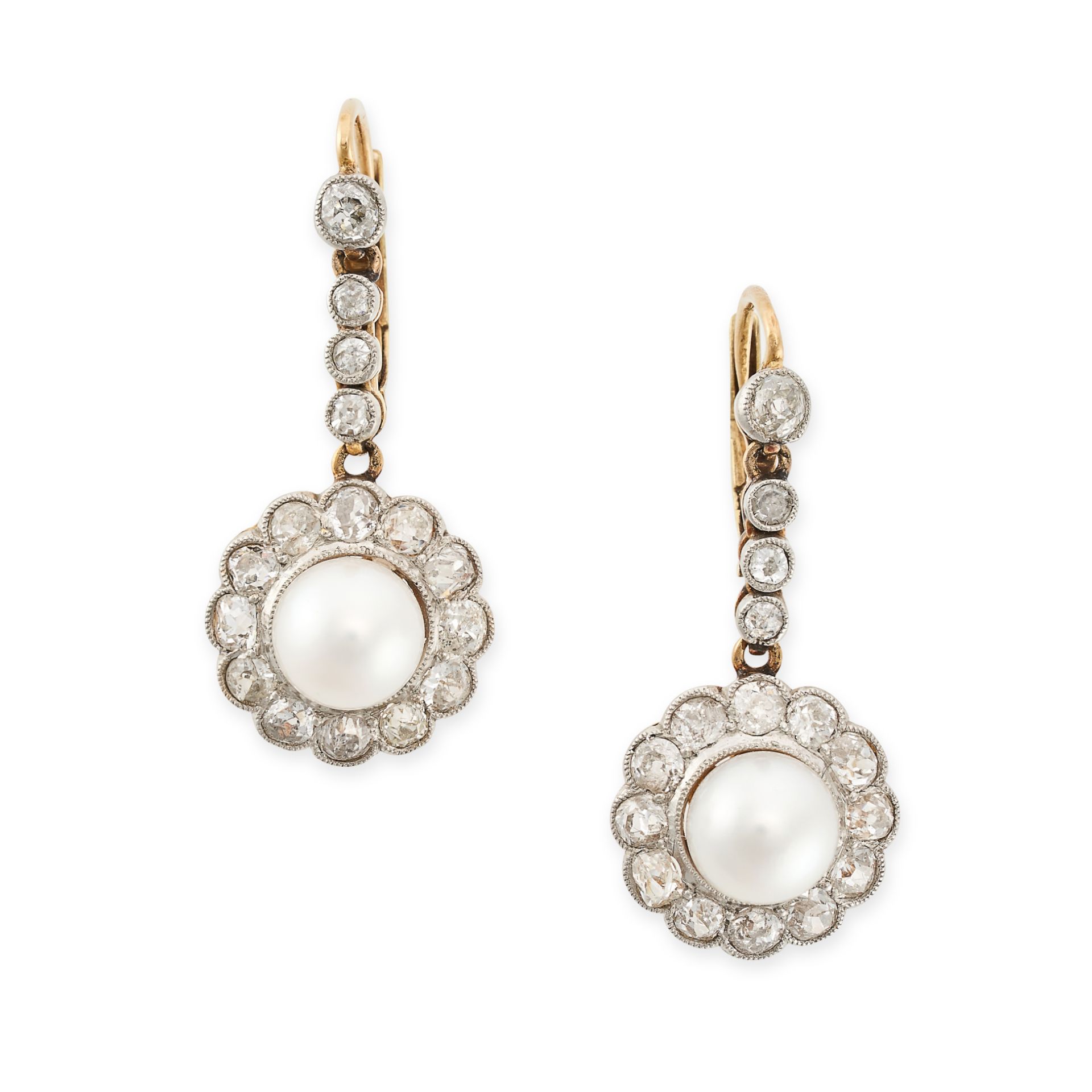 A PAIR OF PEARL AND DIAMOND CLUSTER DROP EARRINGS in 14ct yellow gold and platinum, each set with