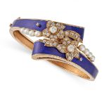 AN ANTIQUE DIAMOND, PEARL AND BLUE ENAMEL BANGLE in yellow gold, the hinged body in crossover design