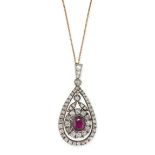 A FINE ANTIQUE RUBY AND DIAMOND PENDANT AND CHAIN, 19TH CENTURY AND LATER in yellow gold and silver,