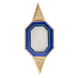 A CARVED CRYSTAL, LAPIS LAZULI, MALACHITE AND DIAMOND PENDANT in 18ct yellow gold, set with a