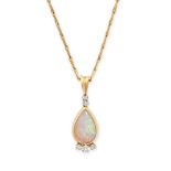 AN OPAL AND DIAMOND PENDANT AND CHAIN in 18ct yellow gold, set with a pear shaped cabochon opal