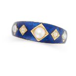 AN ANTQUE PEARL, ENAMEL AND DIAMOND RING in yellow gold, set with a row of alternating pearls and