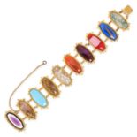 AN ANTIQUE MILLEFIORI GLASS AND HARDSTONE BRACELET in yellow gold, comprising a series of