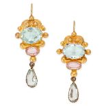 A PAIR OF ANTIQUE AQUAMARINE AND PINK TOPAZ DROP EARRINGS, 19TH CENTURY AND LATER in yellow gold,