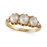 AN ANTIQUE PEARL RING in yellow gold, set with three pearls, no assay marks, size R / 8.75, 4.1g.