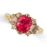 A BURMA NO HEAT PINK SPINEL AND DIAMOND RING in 18ct yellow gold, set with a cushion cut pink spinel