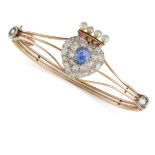 AN ANTIQUE VICTORIAN SAPPHIRE, DIAMOND, PEARL AND RUBY SWEETHEART BANGLE, 19TH CENTURY in yellow