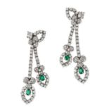 A PAIR OF EMERALD AND DIAMOND DROP EARRINGS in white gold, each set with a stylised foliate