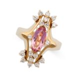 A PINK TOPAZ AND DIAMOND DRESS RING in 18ct yellow gold, set with an oval cut pink topaz of 1.50