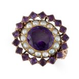 AN ANTIQUE AMETHYST AND PEARL RING in rose gold, set to the centre with an oval cut amethyst in a