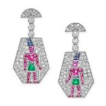 A PAIR OF EGYPTIAN REVIVAL DIAMOND, RUBY, SAPPHIRE AND EMERALD EARRINGS in platinum, each comprising