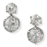 A PAIR OF FINE DIAMOND DROP EARRINGS in 18ct white gold, each set with a principle old cut diamond