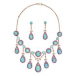 A TURQUOISE AND AMETHYST NECKLACE AND EARRINGS SUITE in rose gold, comprising a row of round