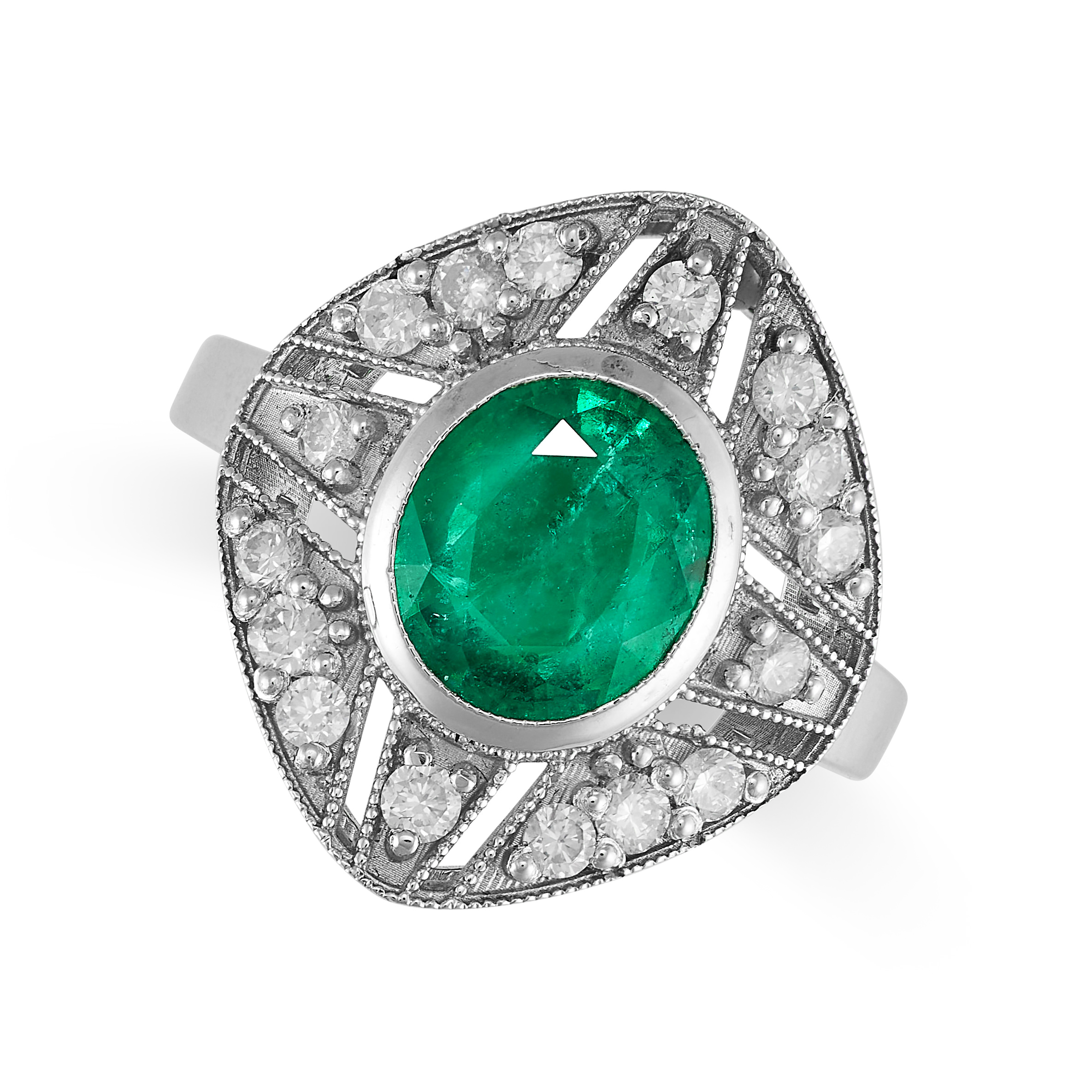 AN EMERALD AND DIAMOND DRESS RING set with an oval cut emerald of approximately 1.85 carats in an