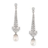 A PAIR OF FINE PEARL AND DIAMOND DROP EARRINGS in 18ct white gold, in geometric design, the