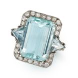 AN AQUAMARINE AND DIAMOND COCKTAIL RING in white gold, set with an octagonal cut aquamarine of