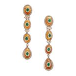 A PAIR OF OPAL, EMERALD AND DIAMOND DROP EARRINGS in 18ct yellow gold, each comprising an