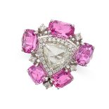 A PINK SAPPHIRE AND DIAMOND DRESS RING in 18ct white gold, set with a central rose cut diamond in