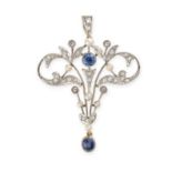 AN ANTIQUE SAPPHIRE, DIAMOND AND PEARL PENDANT in yellow gold, in scrolling design, set with a round