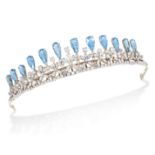 A FINE AQUAMARINE AND DIAMOND TIARA in white gold, set with pear shaped aquamarines with round