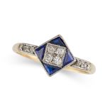 A VINTAGE SAPPHIRE AND DIAMOND RING in yellow gold, set with four single cut diamonds to a border of