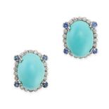 A PAIR OF TURQUOISE, DIAMOND AND SAPPHIRE EARRINGS in 18ct white gold, each set with a cabochon