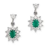 A PAIR OF EMERALD AND DIAMOND DROP EARRINGS in white and yellow gold, each set with a round