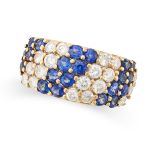 A SAPPHIRE AND DIAMOND DRESS RING in 18ct yellow gold, set with alternating sections of round cut