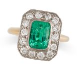 A COLOMBIAN EMERALD AND DIAMOND CLUSTER RING in yellow and white gold, set with an octagonal step