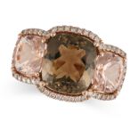 A GREEN TOURMALINE, MORGANITE AND DIAMOND DRESS RING in 18ct rose gold, set with a cushion cut green