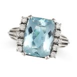 AN AQUAMARINE AND DIAMOND RING set with a cushion cut aquamarine of approximately 5.19 carats