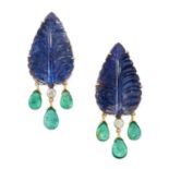 A PAIR OF TANZANITE, DIAMOND AND EMERALD EARRINGS in 14ct yellow gold, each set with a carved