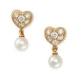 TIFFANY & CO, A PAIR OF DIAMOND AND PEARL EARRINGS in 18ct yellow gold, designed as heart, pave