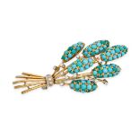 A VINTAGE TURQUOISE AND DIAMOND BROOCH in 18ct yellow gold, designed as a bouquet of wheat sheafs