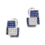 A PAIR OF FRENCH SAPPHIRE AND DIAMOND EARRINGS in 18ct white gold, each earring invisibly set with