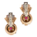 A PAIR OF VINTAGE RUBY AND DIAMOND CLIP EARRINGS in yellow gold, in fan design, each set with a