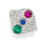 A RUBY, EMERALD, SAPPHIRE AND DIAMOND RING in white gold, set with a round cut ruby, emerald and