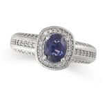 AN UNHEATED PURPLE SAPPHIRE AND DIAMOND RING in 14ct white gold, set with an oval cut purple