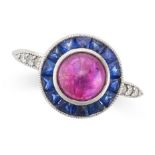 A RUBY, SAPPHIRE AND DIAMOND TARGET RING in platinum, set with a cabochon ruby in a border of French